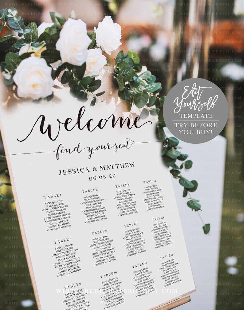 Welcome Seating Chart, Wedding Welcome Sign, Seating Chart Sign, Find Your Seat, Chart Template, Try Before You Buy, Fully Editable, #S1946