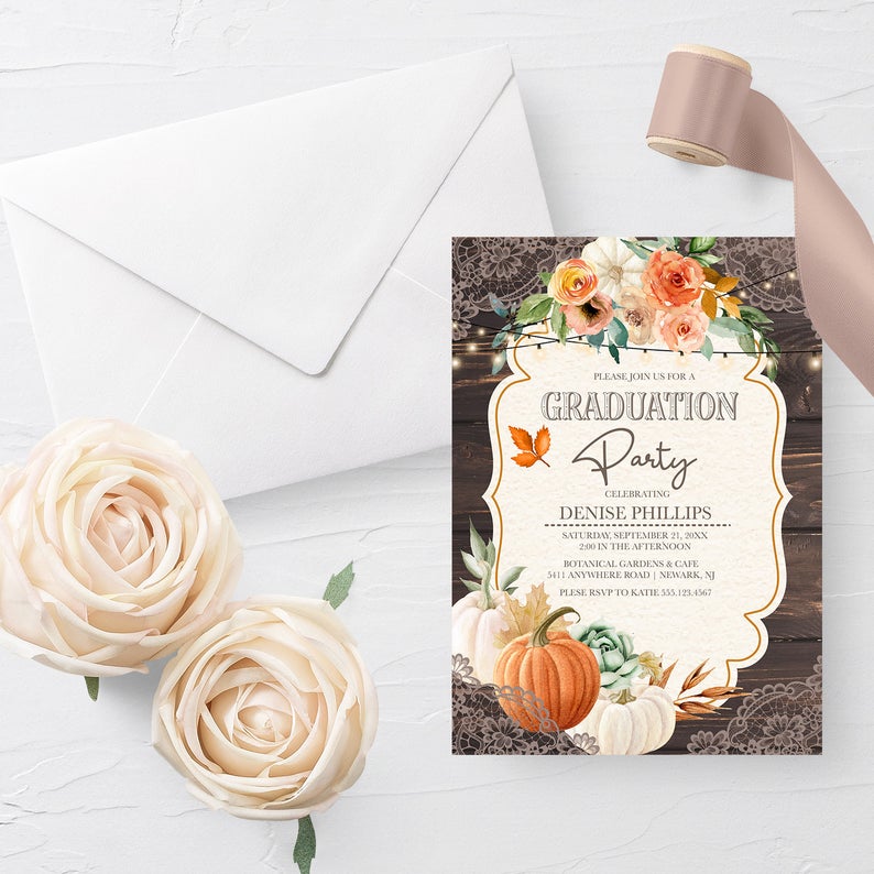 EDITABLE Invitation, Rustic Wood Lace Graduation Party Invitation, Graduation Invite, Printable Invitation, Fall, Autumn, Pumpkin, Corjl