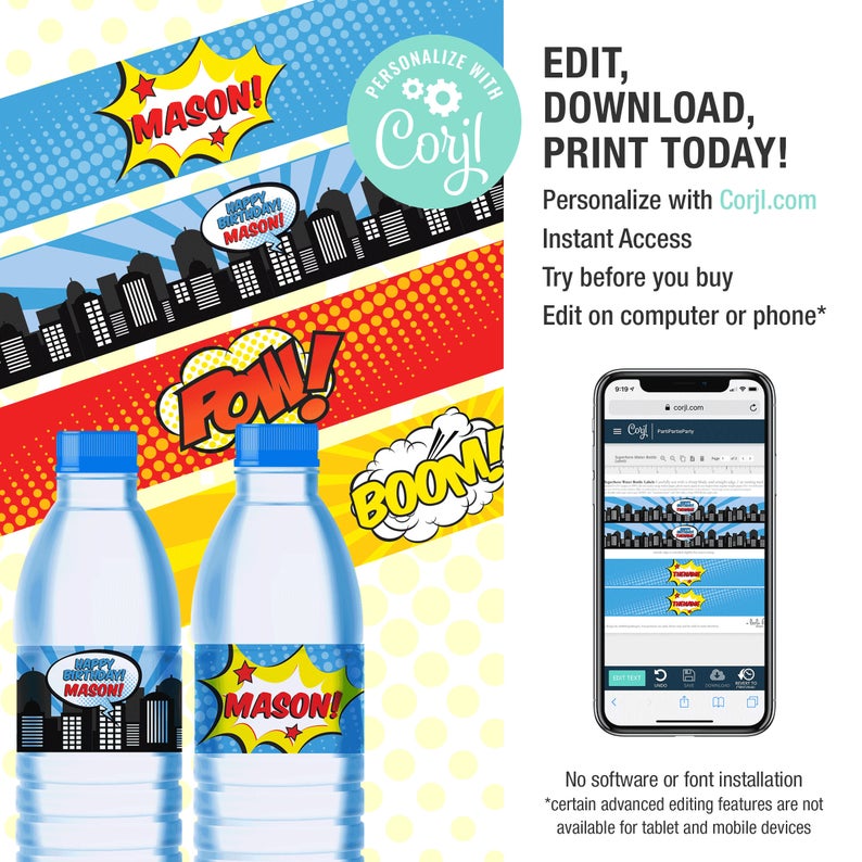 EDITABLE Printable Superhero Water Bottle Labels / Superhero Bottle Labels / Corjl • Instant Download