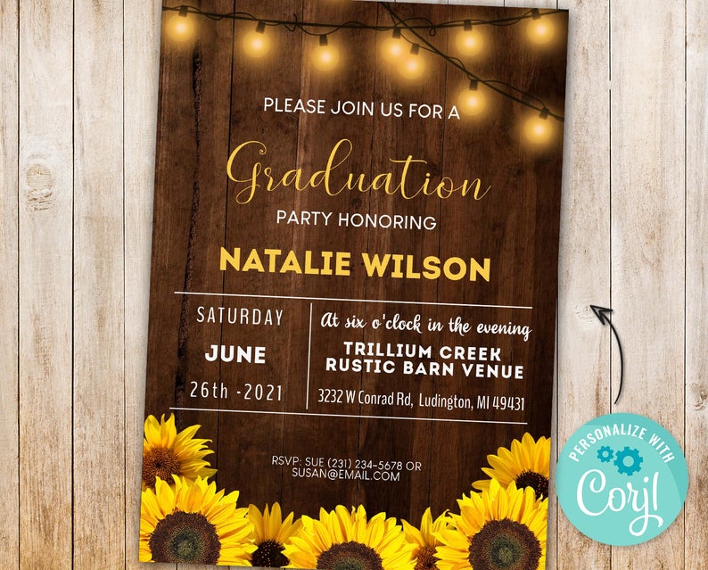 Graduation Party Sunflower Digital Invitation INSTANT DOWNLOAD Wood Floral Invite Editable Printable Girl’s College University