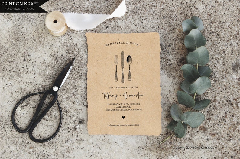 Rehearsal Dinner Invitation Cutlery Printable, Rustic Wedding, Editable Text, Instant Download