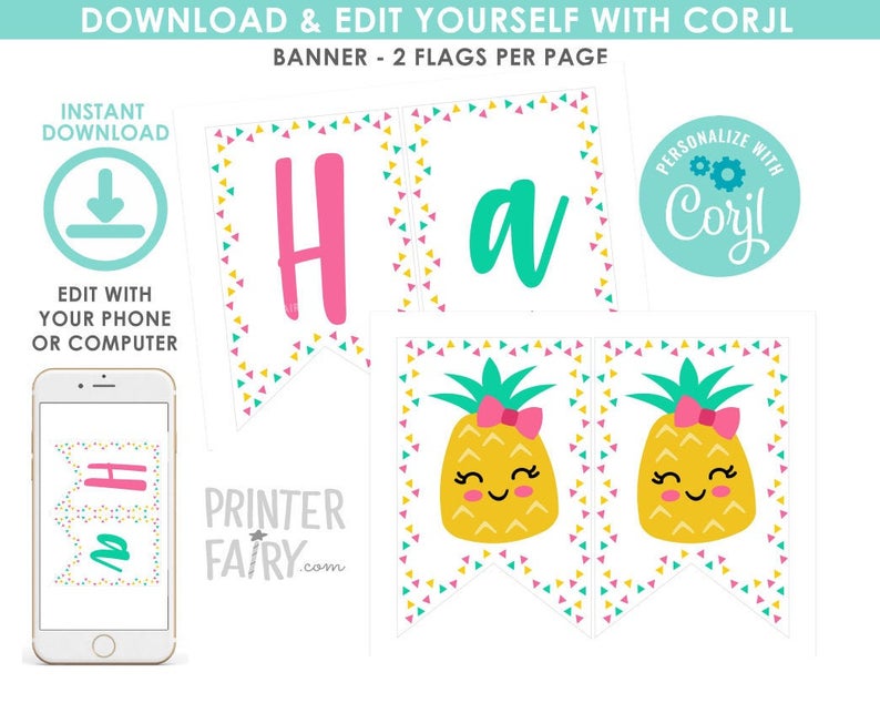 Pineapple Banner, EDITABLE, Luau Birthday Decorations, Bunting Banner, EDIT YOURSELF, Pineapple Printable Banner, Instant Download
