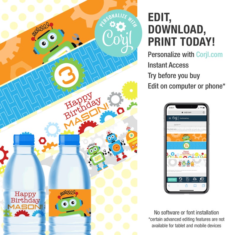 EDITABLE Printable Robot Water Bottle Labels / Robot Party Bottle Labels / Corjl • Instant Download