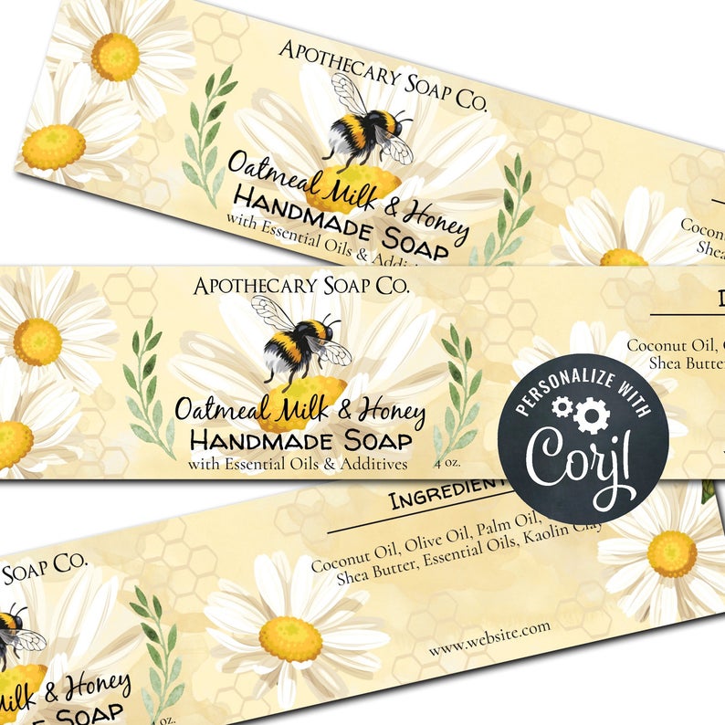 Bumblebee with Flowers Soap Label. Horizontal Cigar Band Packaging for Soaps. Customize, Personalize with Corjl Online. Download & Print