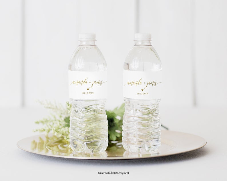 Gold Wedding Water Bottle Labels, Waterproof Labels, Fully Customizable Text, 8×2” #0035