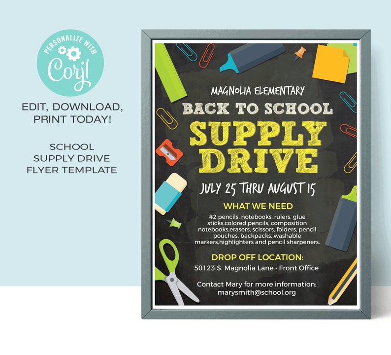 School Supply Drive Flyer Template • Back To School Flyer • Template | Editable Template • Instant Download Corjl.com