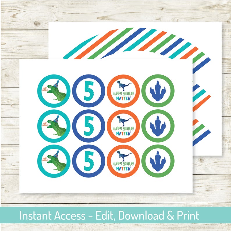 Dinosaur Party 2″ Cupcake Toppers- Editable, Dino Birthday Party, Dinosaur Toppers, Instant Download,Printable, Personalize with Corjl