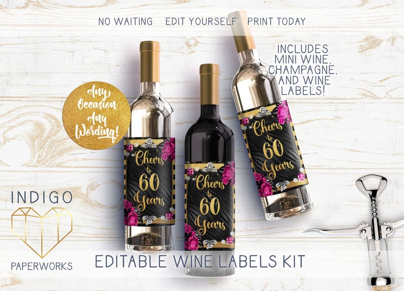 Hot Pink Glam Black and Gold Striped Printable Wine Bottle Label Set, Glitter Glitz Floral Women’s Birthday Party Avery DIY Champagne Label