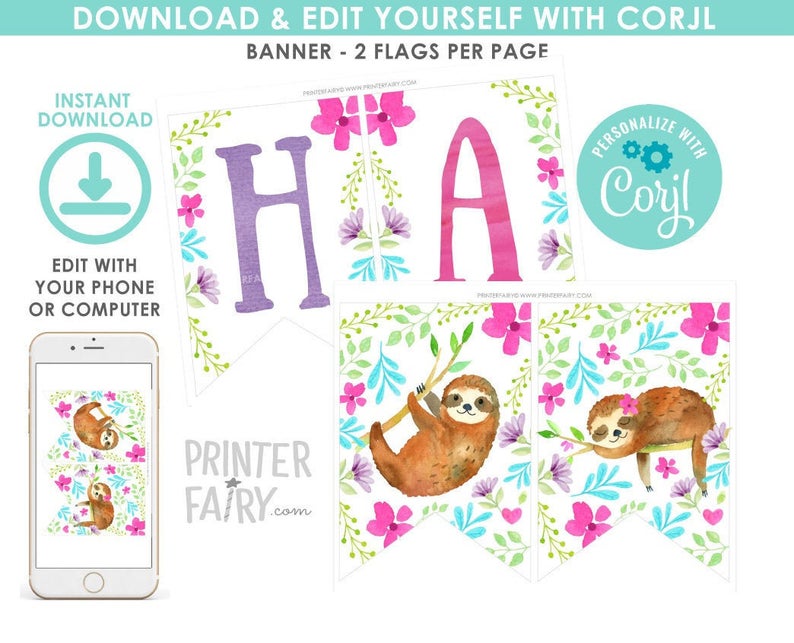 Sloth Banner, EDITABLE, Sloth Birthday Party, EDIT YOURSELF, Sloth Birthday Decorations, Printable Banner, Instant Download