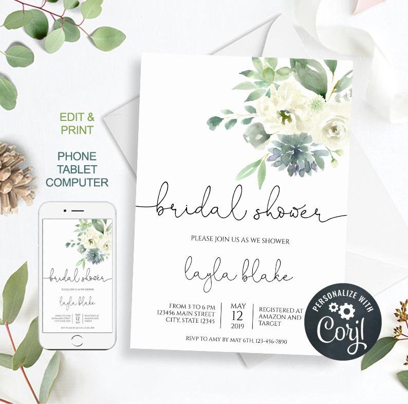 Blush Bridal Shower Invitation Template, Floral Invitation Printable, Gold Bridal Shower Template, Printable Shower, 100% Editable Te, hyb09