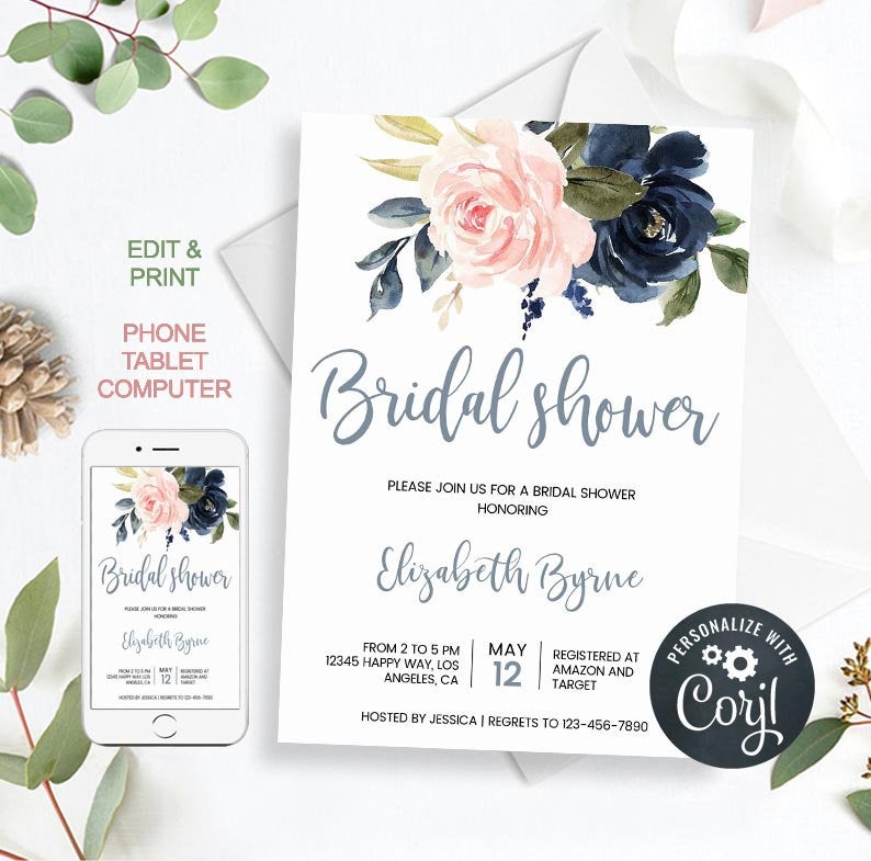 Bridal Shower Invitation, Editable Template, Instant Download Bridal Shower Invite, marsala, navy, eucalyptus, SIENNA Collection, PDF, hyb15