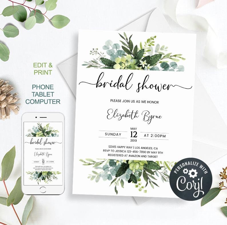 Greenery Bridal Shower Invitation Template, Green Foliage Bridal Shower Invite, Editable Template, Eucalyptus Bridal Shower, hyb21