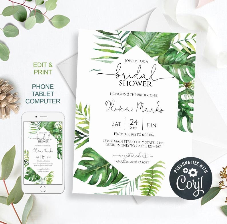 Tropical Bridal Shower Invitation Template, Summer Bridal Shower, Printable Bridal Shower Invite, Editable Template, Instant Download, byh86