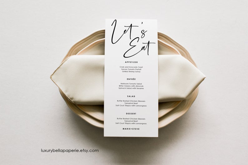 Modern Minimalist Wedding Menu Template, Let’s Eat Minimalist Menu, Calligraphic Wedding Menu Let’s Eat Menu Corjl Wedding Menu card MN003 L