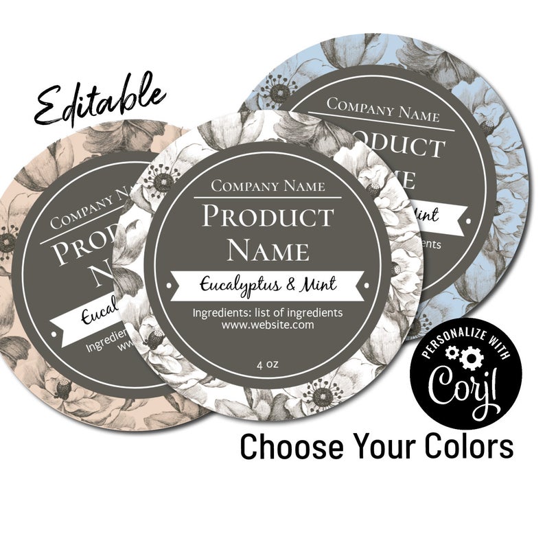 Round Product Label Etched Flowers. Personalize w/ Corjl Online then Download Print. Custom Packaging Candles, Soap, Mason Jars, Stickers