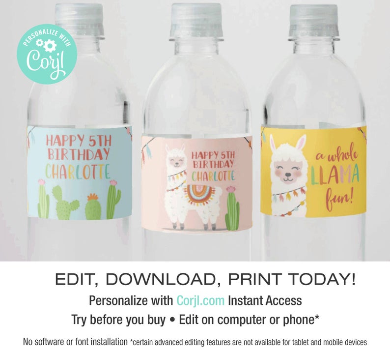 EDITABLE Printable Llama Water Bottle Labels | Cactus Alpaca Fiesta | Llama Birthday | Whole Llama Fun | Corjl • Instant Download
