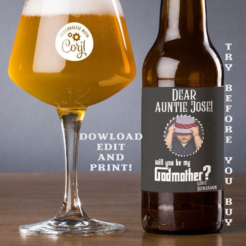 Will you be my Godmother? Beer tag label for gifts & Party Decor – Instant Edit, Download and print today