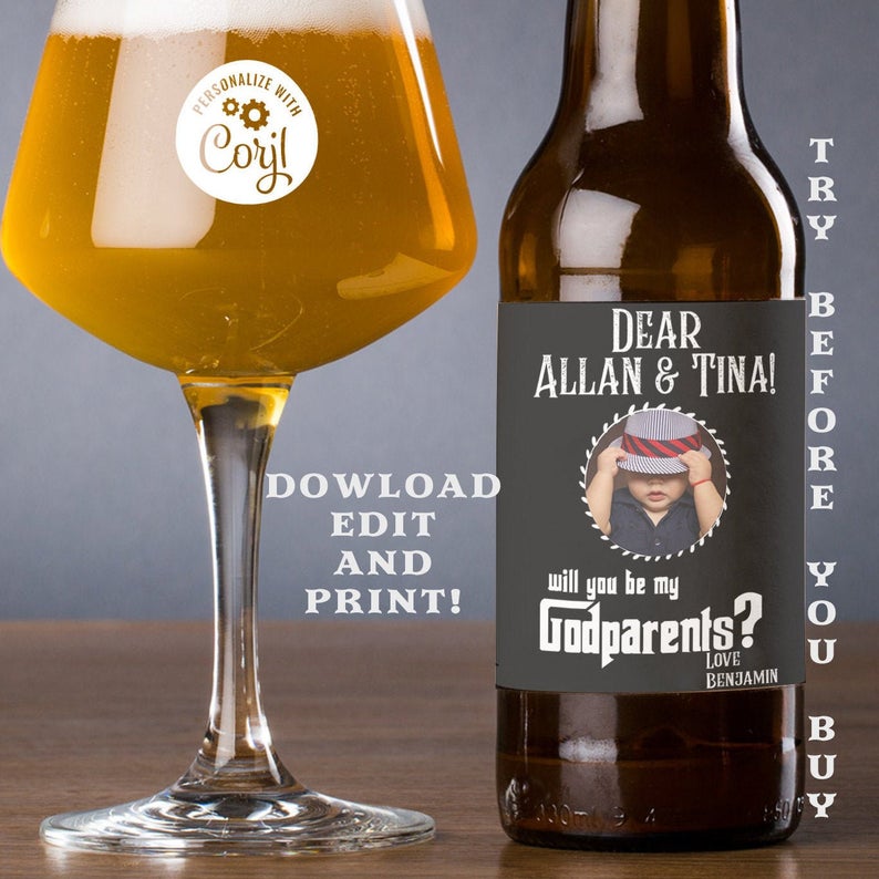 Will you be my Godparents? Beer tag label for gifts & Party Decor – Instant Edit, Download and print today