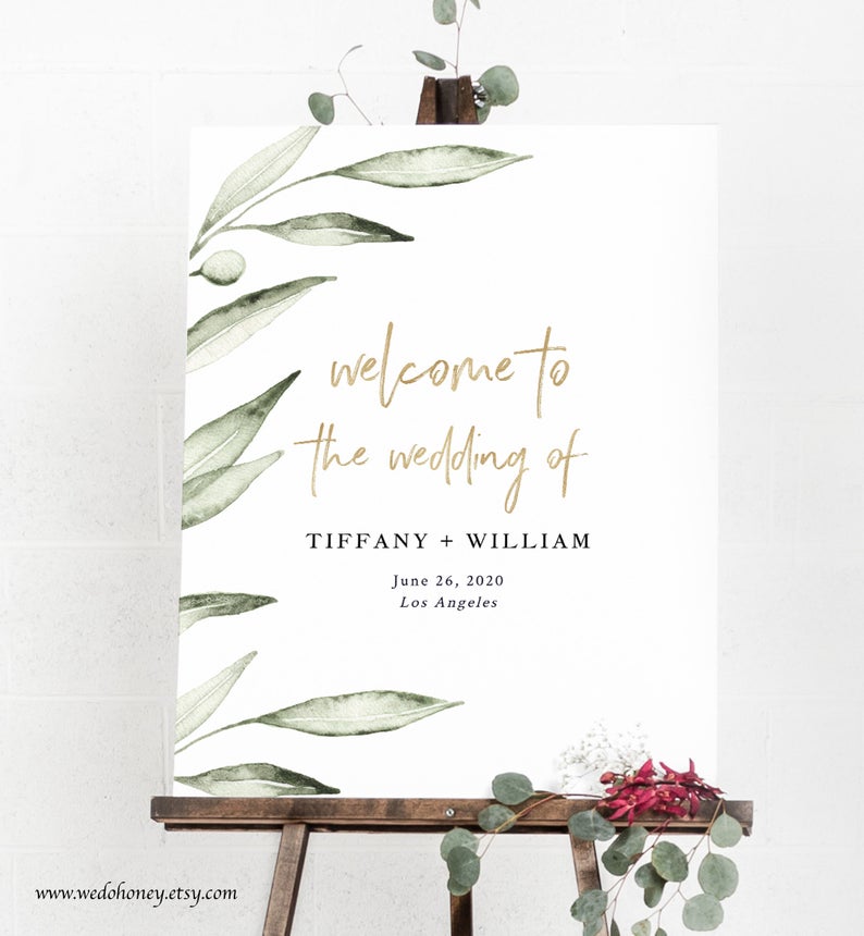 Gold and Greenery Welcome Sign Template for Weddding, Editable Text #201_7