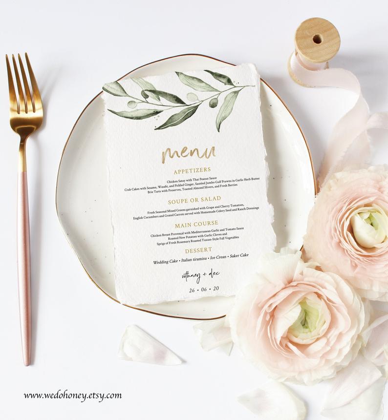 Gold and Greenery Menu Template, Rustic and Modern Wedding, Editable Text 5×7” and 3.75×9” #201_6