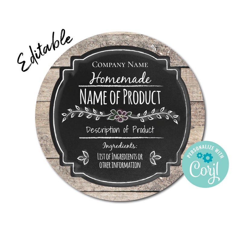 Chalkboard Farmhouse Product Label. Round Sticker Packaging. Edit, Customize w/ Corjl Online Download & Print. Jars Candles Soap Favors Gift