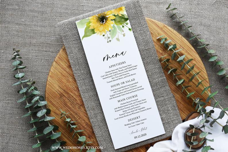 Sunflower Menu Card, Rustic Ceremony, Editable Text, Instant Download, Corjl #00101_6