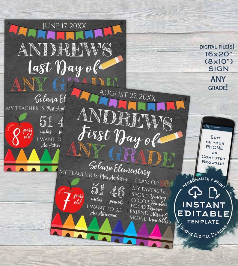 Editable Back to School Photo Prop, 1st Day Back to School Poster, Personalized School Chalkboard Sign Any Grade Digital INSTANT ACCESS UTCR