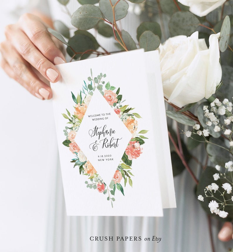 Peach Floral Wedding Program Template, Printable Order of Service, DIY Folded Wedding Ceremony Program, INSTANT DOWNLOAD, Corjl #003-405WP