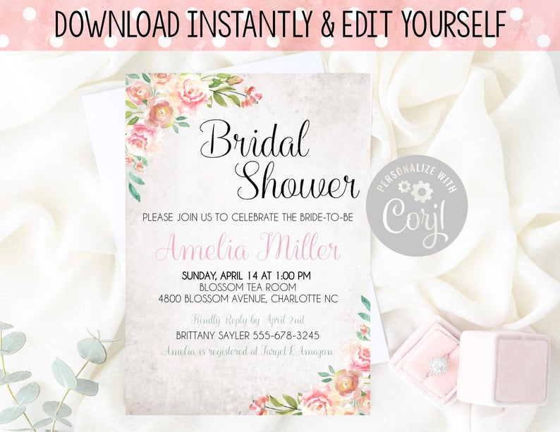 Editable Floral Bridal Shower Invitation, Personalized Rustic Floral Invitation, Corjl Custom DIY Bridal Shower Invitation, Instant Download