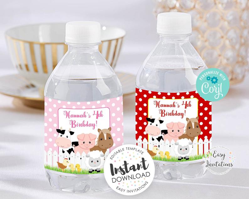 Farm Water Bottle Labels, barnyard water bottle labels, barnyard birthday, farm theme, editable water bottle labels, instant download, corjl