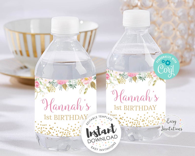 Floral Water Bottle Label, editable Water Bottle labels, pink gold water bottle label, editable bottle label, floral party, 1st birthday