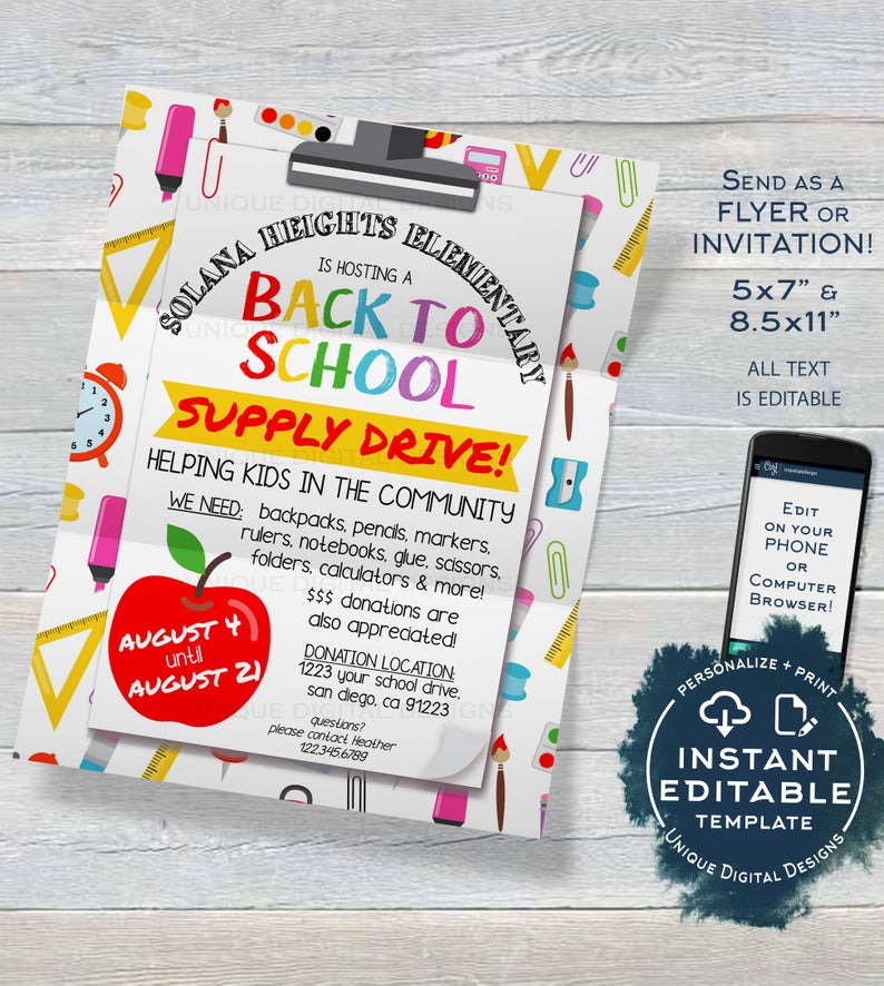 School Supply Drive Flyer, Editable School Donation Invitation Printable Pta Pto Flyer Back to School Fundraiser, diy Digital INSTANT ACCESS