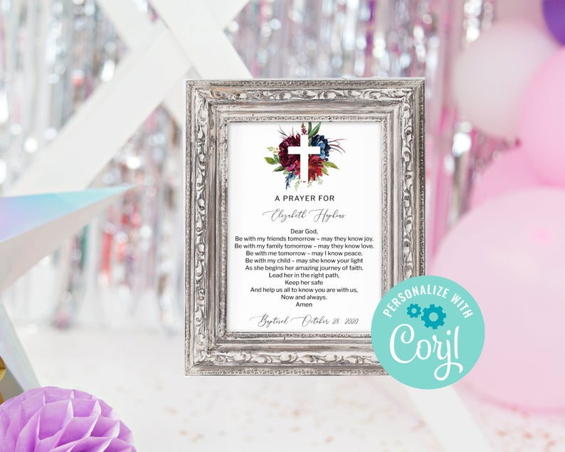 Burgundy & Navy Floral Baptism Prayer Sign Printable, Full-Editable Template Corjl, Baptism Sign for Girl, Marsala Flowers baby name gift