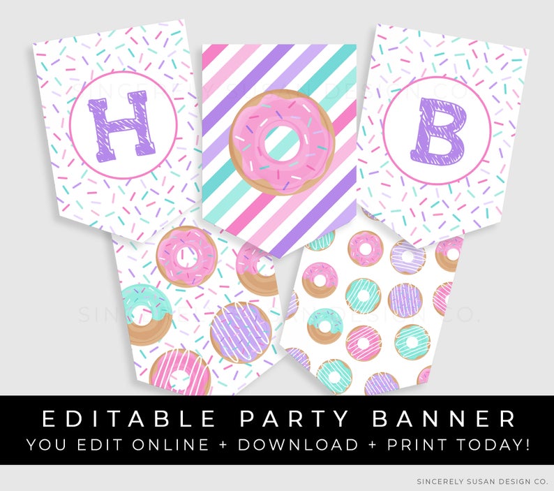 Donut Birthday Banner Party Decorations Sprinkles Confetti Personalized Printable Bunting Editable Instant Template Download, Corjl #002