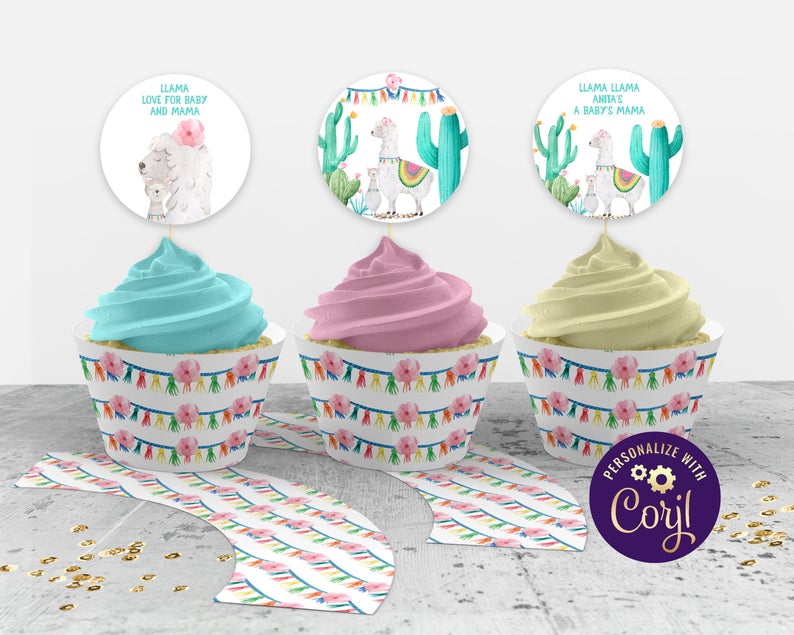 Llama Cupcake Topper and Cupcake Wrappers, ID 129