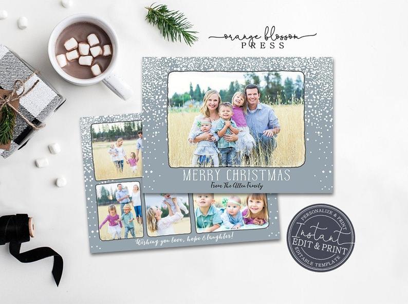 Snowfall Photo Christmas Card, Snow Holiday Card, Boho Shabby Chic Christmas, Winter Snowflakes, Digital or Printed, Instant Edit & Download