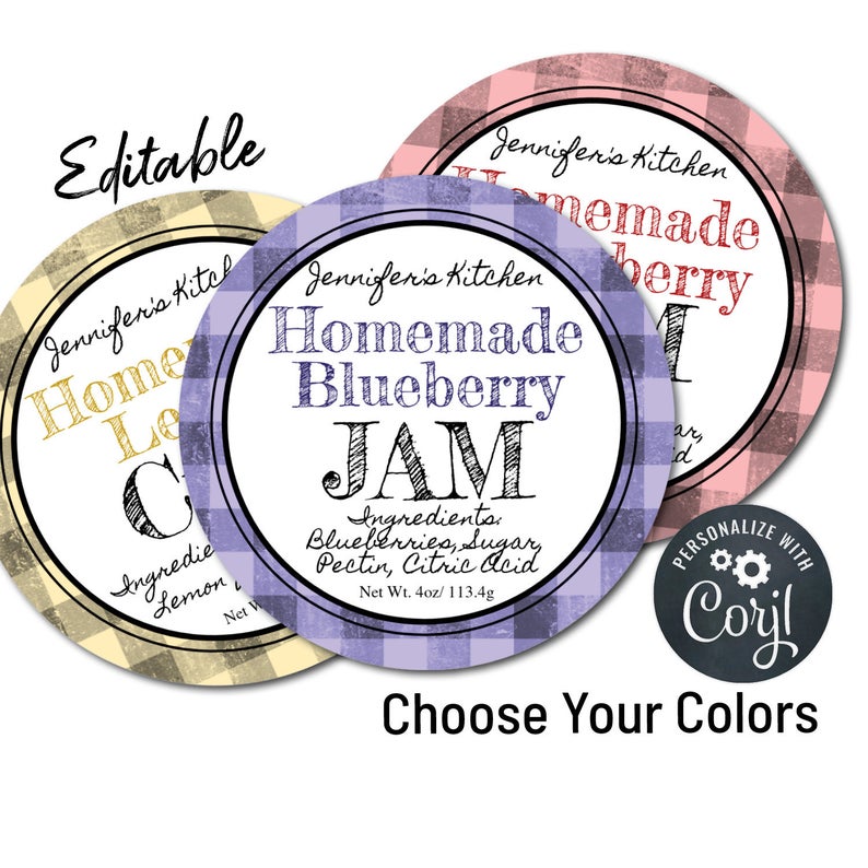 Round Product Label Gingham Farmhouse. Personalize w/ Corjl Online then Download Print. Custom Packaging Food, Jams, Mason Jars, Stickers.