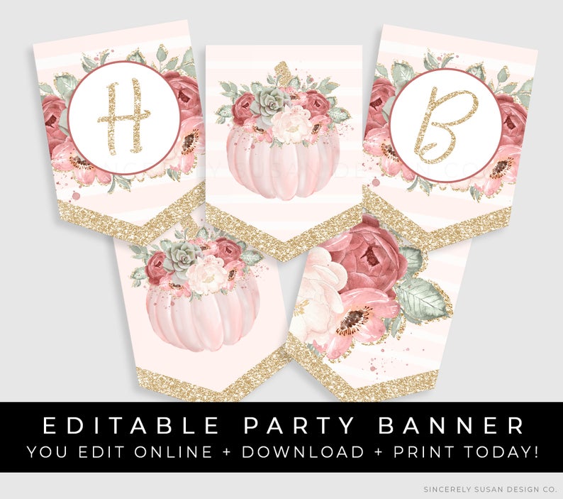 Pumpkin Birthday Banner Printable Girl Peach Pink Floral Fall Pumpkin Party Decorations Bunting Editable Template Instant Download Corjl