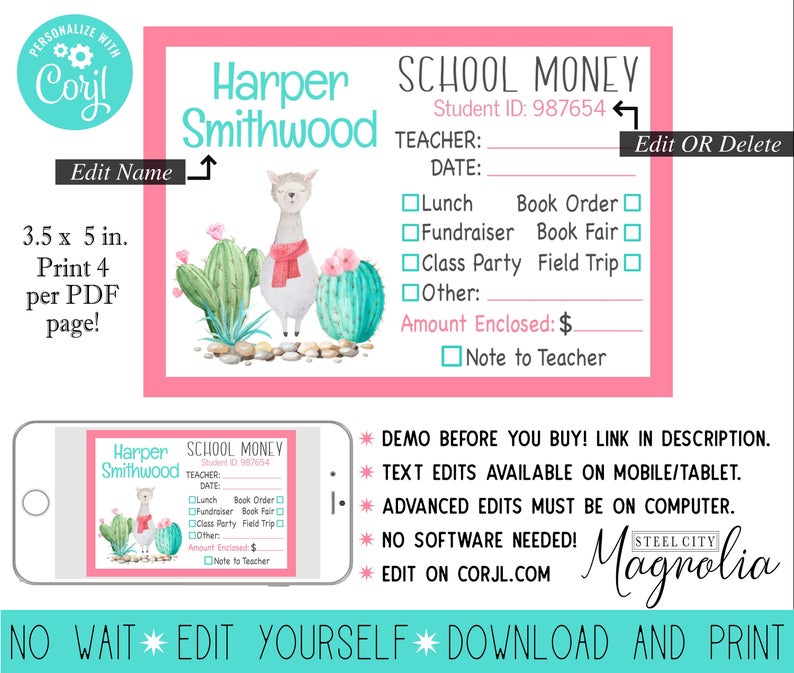EDIT YOURSELF School Money Note, Llama Watercolor, Money Form, School Label, 3.5 x 5 Digital printable, Corjl