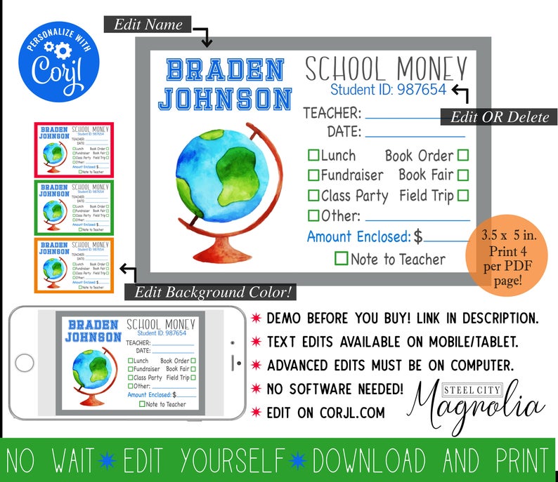 EDIT YOURSELF School Money Note, Money Form, School Label, 3.5 x 5 Digital printable, Watercolor Globe, Corjl