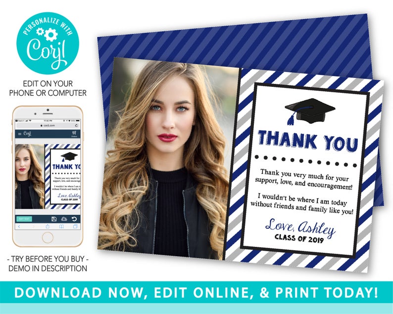 Graduation Thank You Cards, College Graduation, High School Graduation, Class of 2019, Grad Photo Thank you Card, Graduation Party Thank You
