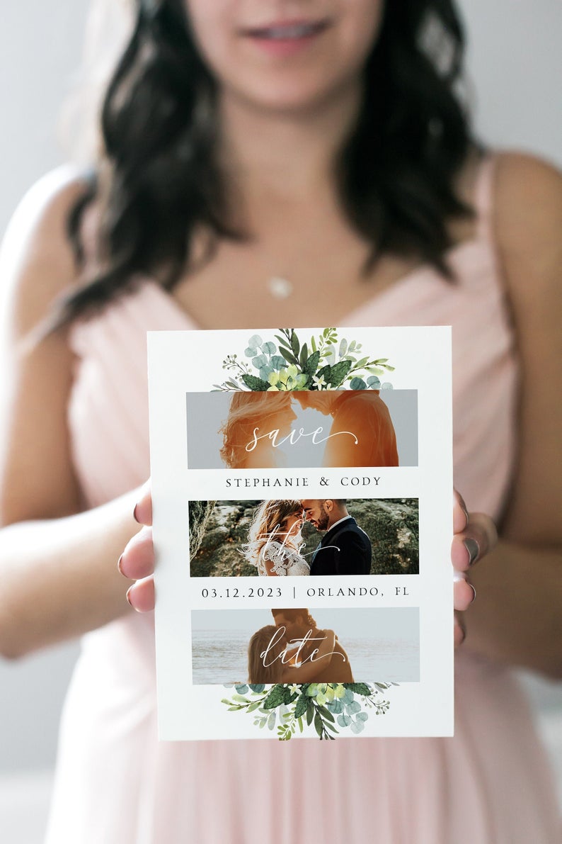 Greenery Save the Date Card Photo Template, Green Foliage, Floral Save the Date Printable, Botanical Succulent, Corjl, 100% Editable,87