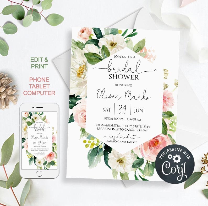Pink Bridal Shower Invitation Template, Boho Floral Bridal Shower, Rose Gold Greenery, Instant Download, Editable Template, Corjl, byh391