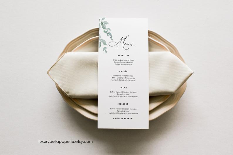 Greenery Wedding Menu Design, Elegant Leaf Wedding Menu Card Modern Wedding Menu, Modern Menu Card Corjl Wedding Menu Fully Editable MN002 L