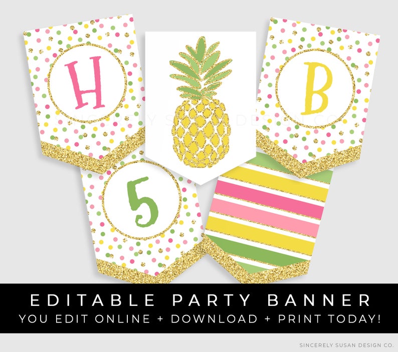 Pineapple Birthday Banner Aloha Luau Party Decorations Pink Rainbow Confetti Glitter Bunting Editable Printable Template Download Corjl #072