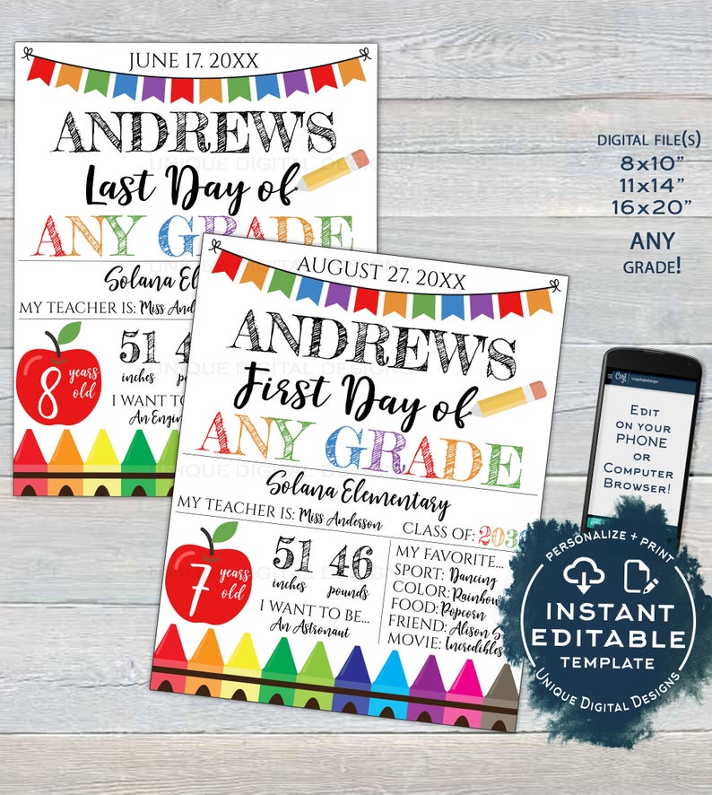 Editable Back to School Photo Prop, 1st Day Back to School Poster, Personalized School Chalkboard Sign Any Grade Digital INSTANT ACCESS UTCR