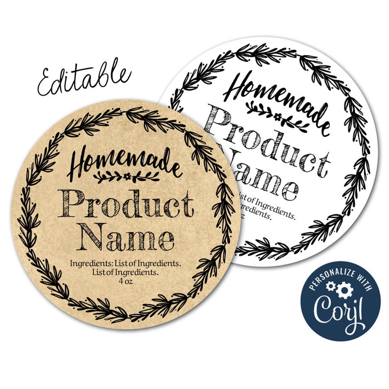 Round Homemade Label. Customizable Packaging Design for Candles, Soap, Bags, Mason Jars, Stickers. Personalize w/ Corjl, Download & Print