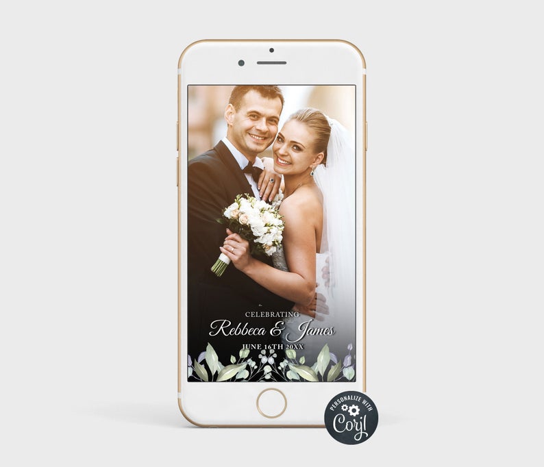 Wedding Snapchat Geofilter Elegant Text Delicate Leaves Floral Personalised Names Corjl Template Snap Chat Filter
