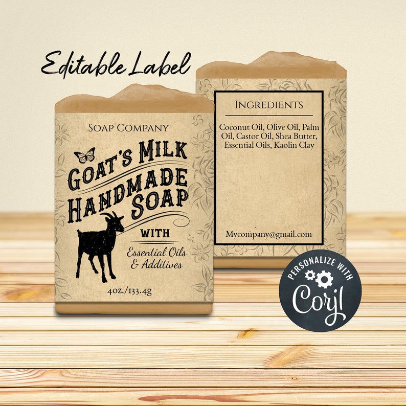 Goat’s Milk Tall & Skinny Handmade Soap on Kraft Paper Label. Soap Packaging. Customizable Personalize w/ Corjl Online. Download and Print