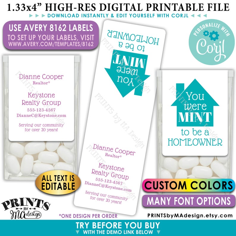 Realtor Tic Tac Labels, Custom Real Estate Mint Stickers, Mint to be a Homeowner, One PRINTABLE Avery 8162 Label